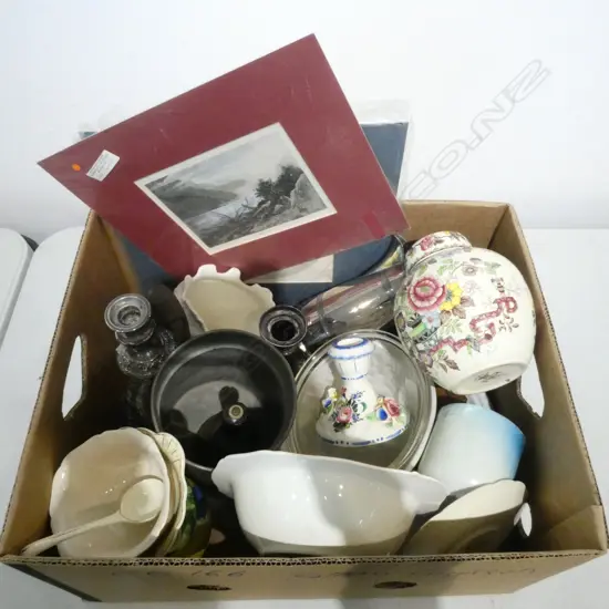 BOX OF ASST. CHINA; MASONS GINGER JAR, SOME EP, 2 ANTIQUE PRINTS, etc