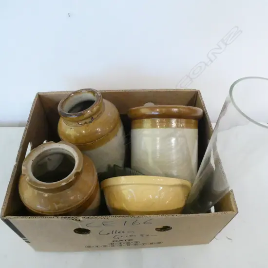 THE GRIPSTAND MIXING BOWL, GREEN PRESSED GLASS DISHES, 3 CROCKS, etc