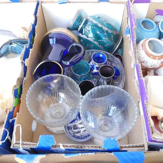 COLLECTION GREEN BLUE & COULORED GLASS VASE JUGS H210MM BOWLS ETC