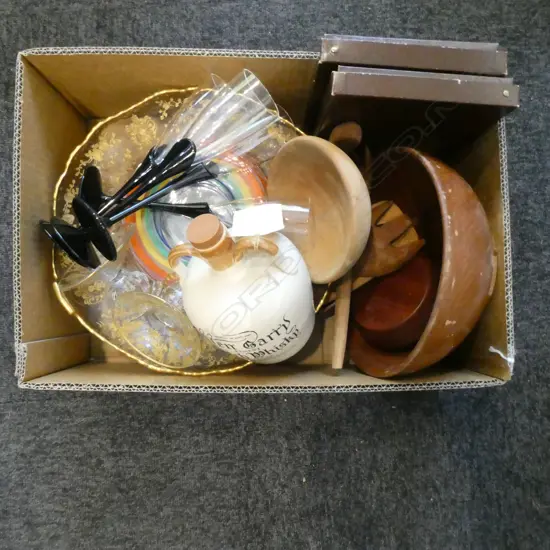 ASST. WOODWARE, GLASS, WHISKEY DECANTER, BOXED CUTLERY, etc