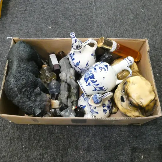 CERAMIC DOG (repaired), 2 RESIN ANIMALS, 3 DELFT JUGS, PERFUMES ETC