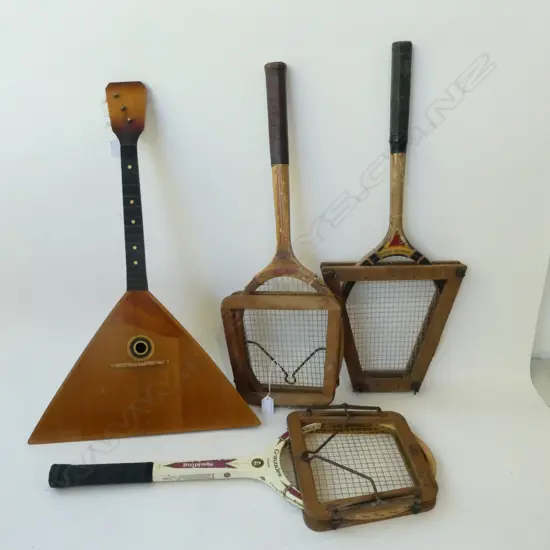 3 VINTAGE WOODEN RACKETS + BALALAIKA (NEEDS NEW STRINGS)