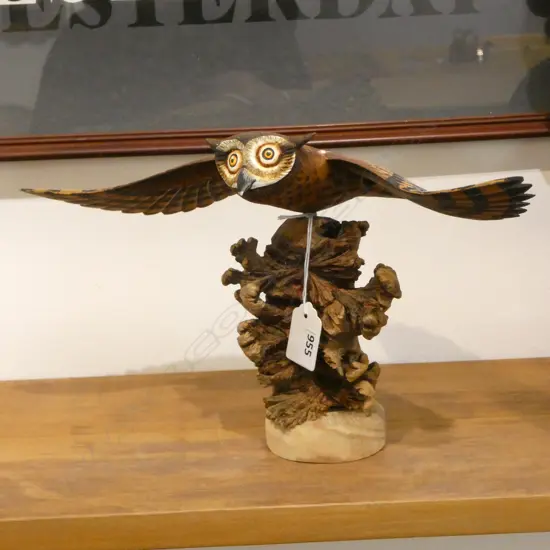 CARVED WOODEN OWL ON WOOD ROSE H.185mm