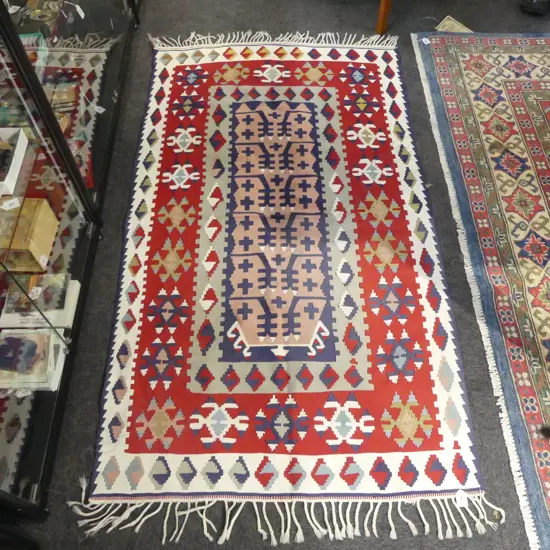 KELIM RUG REDS WHITE & BLUE GEOMETRICS L1640 W920MM