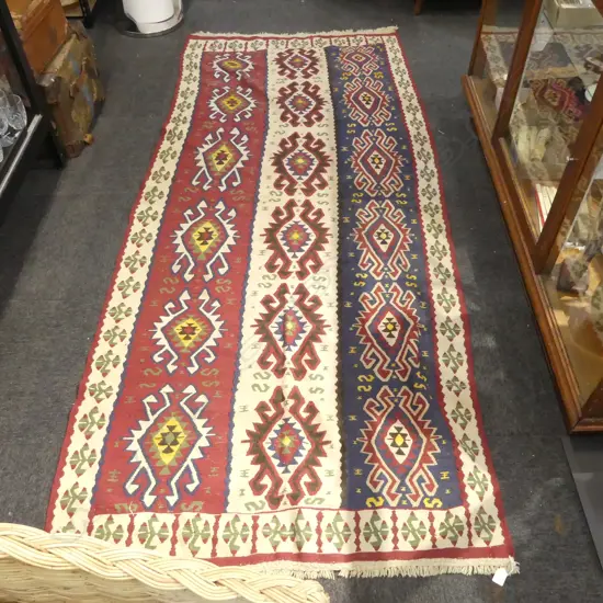 KELIM RUG WASHED REDS BLUES & IVORY COLOURS L2490 W1120MM