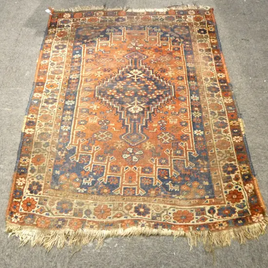 VINTAGE HAND KNOTTED ALL WOOL RUG, WORN 1500x1100mm