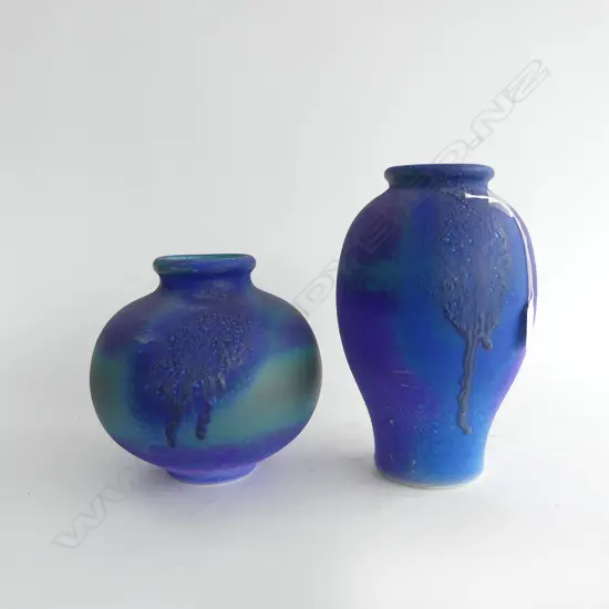 2 NZ STUDIO POTTERY VASES H270 & 200MM BLUE GREEN GLAZES