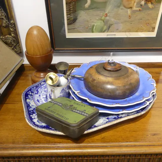 2 PCES TREEN, B/W ASHET 'HOP PICKERS' W.325mm, PR PLATES ETC