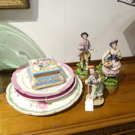 3 ANTIQUE PORCELAIN FIGURINES; PR + 1 H.190mm + LIDDED CONTAINER & 3 PLATES