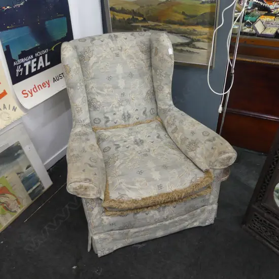 ARMCHAIR IN Colefax and Fowler LINEN UPHOLSTERY. Arms tidy under arm protectors. Okay condition