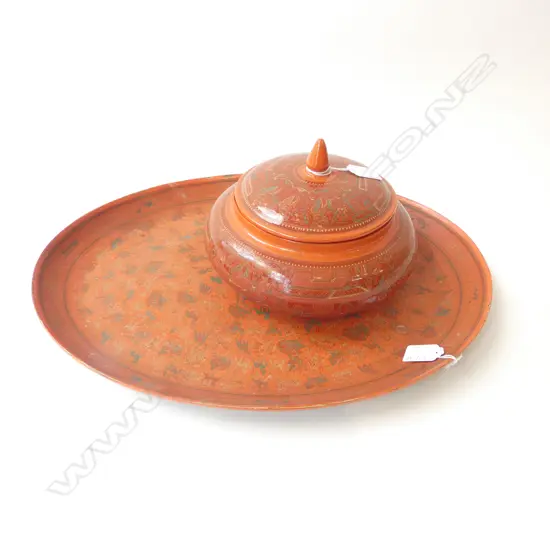ORIENTAL LACQUER LIDDED CONTAINER 220mm dia & TRAY W.490mm