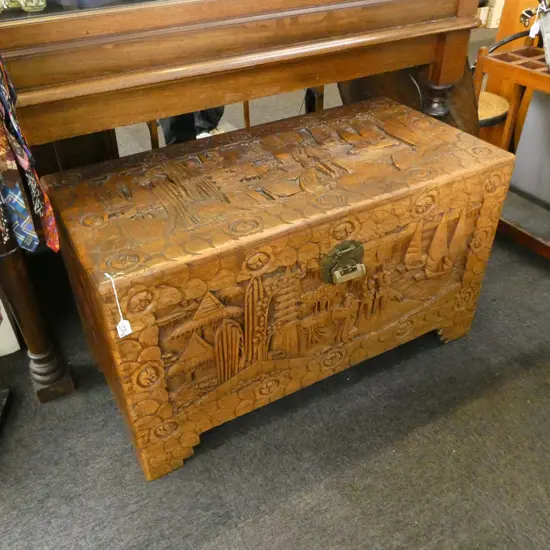 CARVED CAMHOR WOOD CHEST L 1040MM