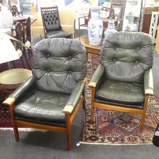 PR DON 1970s N.Z. DESIGN ARMCHAIRS IN GREEN LEATHER..