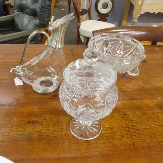 CRYSTAL BON BON JAR + DECO GLASS FRUIT BOWL + NOUVEAU CLARET JUG H.255mm
