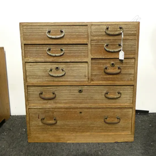 VINTAGE JAPANESE PALE WOOD 8 DRAWER 2 DOOR SMALL TANSU COLLECTOR'S CABINET W.500mm