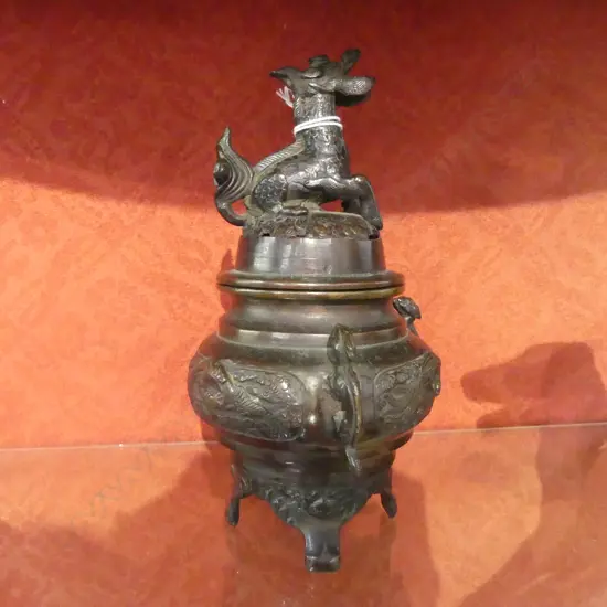 ANTIQUE CHINESE BRONZE INCENSE BURNER H190MM 1 SIDE LUG MISSING