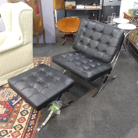 BLACK VINYL BARCELONA CHAIR & FOOTSTOOL
