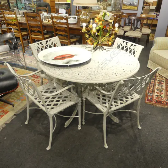 5 PCE PAINTED METAL PATIO SET; TABLE 1140mm dia, 4 CHAIRS