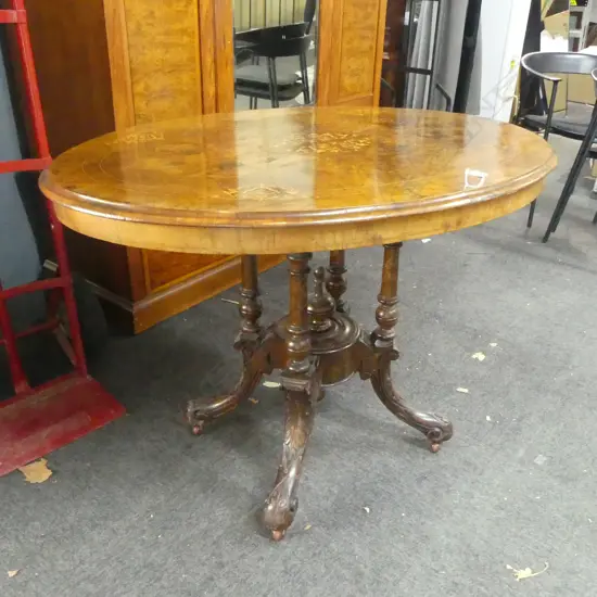 VICTORIAN OVAL INLAID OCCASIONAL TABLE - borer to one leg 1050x780x730mm