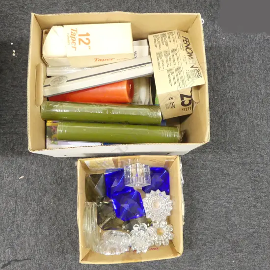 COLLECTION OF ASST. CANDLES AND GLASS CANDLE HOLDERS 