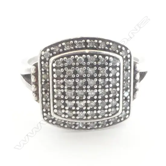 VINTAGE SILVER & MULTI DIAMOND PAVE SET RING wide rounded square top SIZE Q