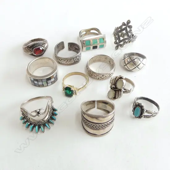 12 ASST. RINGS, MOSTLY STG SILVER, 53grms