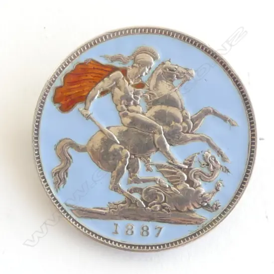 1887 QUEEN VICTORIA SILVER CROWN COIN enamelled. Brooch pin fitting to reverse