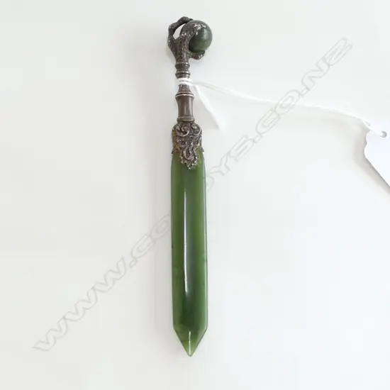 Birmingham 1924 silver & pounamu blade letter knife w eagles claw holding pounamu ball. L.135mm