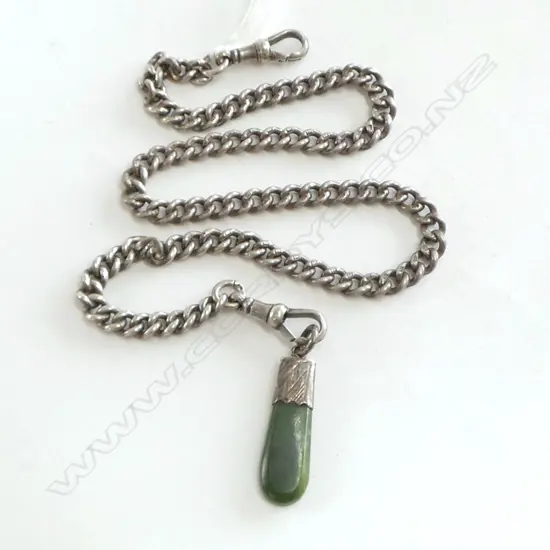 early 20thC LONG SILVER ALBERT CHAIN w greenstone fob L.430mm 46.8gms