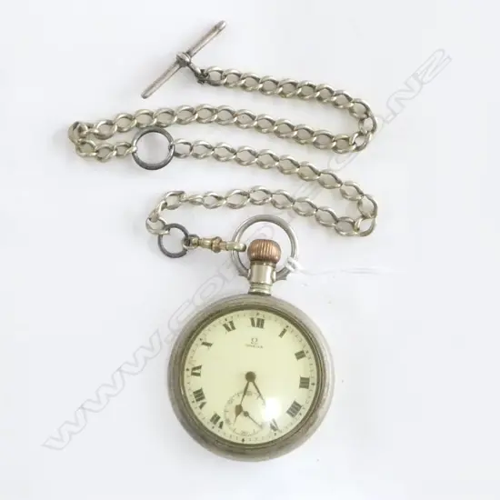 OMEGA white metal (chrome?) OPEN FACE POCKET WATCH running. With worn chain showing some faults