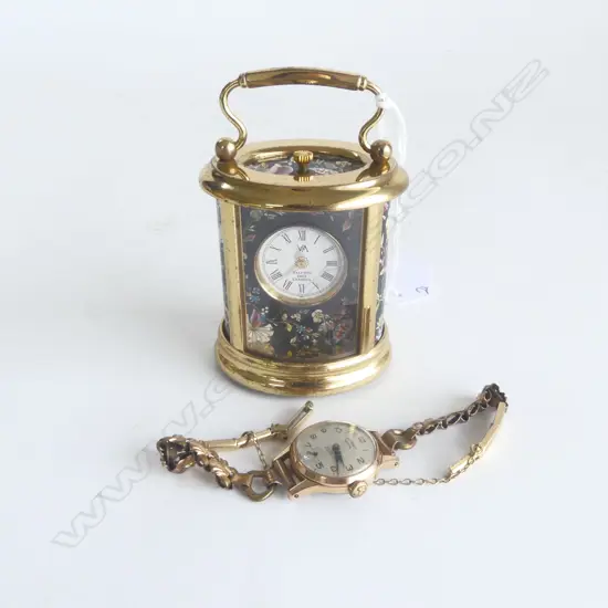 MODERN 'HALCYON DAYS ENAMELS' SMALL CARRIAGE CLOCK + VINTAGE GOLD PLATE LADIES WRISTWATCH