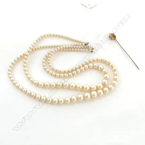 VINTAGE FAUX PEARL DOUBLE STRAND NECKLACE 9ct GOLD CLASP + GOLDSTONE STICKPIN