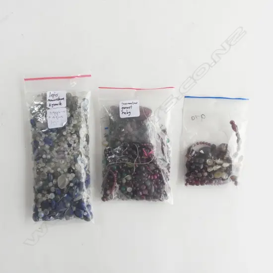 3 BAGS ASST. LOOSE BEADS INCLDS; TOURMALINE, GARNET, RUBIES, LAPIS, MOONSTONE, KYANITE