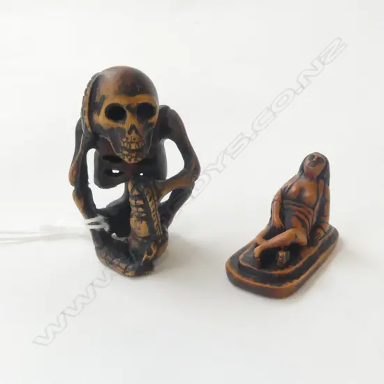 2 CARVED WOOD OKIMONO, SKELETON & OTHER, SIGNED