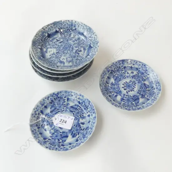 6 CHINESE FINE BLUE & WHITE SMALL DISHES fluted. radiating panelled designs largest Dia.130mm a few minor chips....