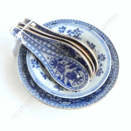 6 CHINESE BLUE & WHITE PORCELAIN PCES: 4 spoons & 1 small dish a.f with copper type glazed bases + other w hairline 