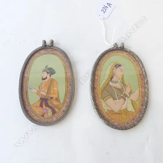 2 MUGHAL INDIAN PORTRAIT MINIATURES IN 925 SILVER FRAMES 120x80mm