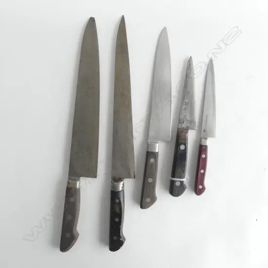 5 VINTAGE JAPANESE QUALITY STEEL CHEFS KNIFES all with signed blades longest 425mm