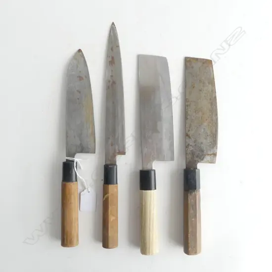 4 VINTAGE JAPANESE QUALITY STEEL CHEFS KNIFES all with signed blades longest 345mm