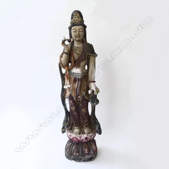 LARGE JAPANESE CARVED & PAINTED WOOD KUAN YIN SCULPTURE H.925mm