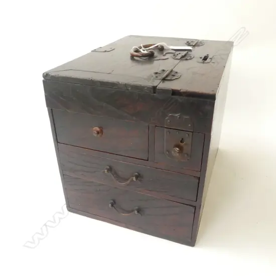 19thC keyaki Japanese money box with dragon ink stone. Ex. travelling calligrapher. Bronze fittings. H.230mm