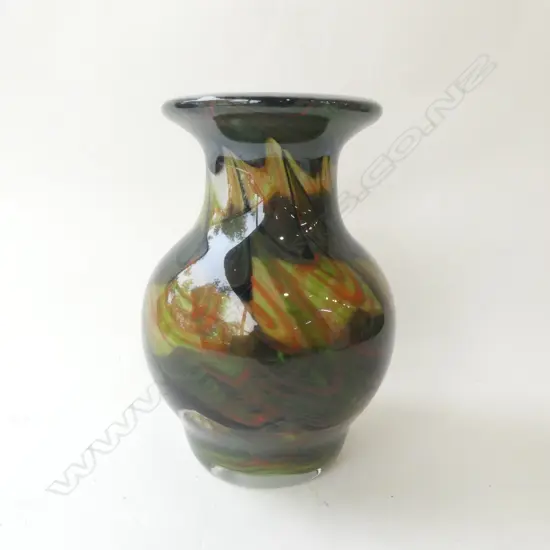 VINTAGE STURDY JAPANESE ART GLASS VASE GREEN swirl INCASED IN CLEAR w white H.265mm