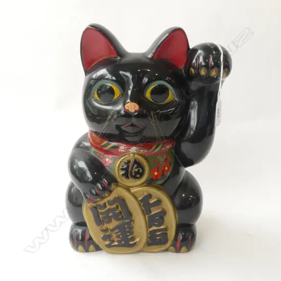 BISQUE POTTERY black glaze LUCKY CAT MONEY BOX H.333mm