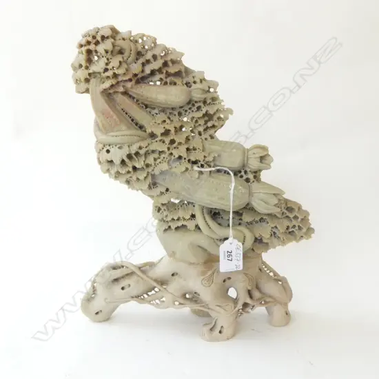 CHINESE SOAPSTONE CARVING includes cucumbers. Footed base