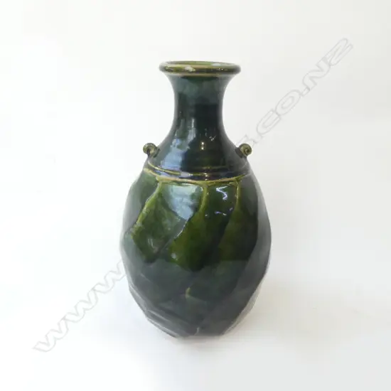JAPANESE ART POTTERY GREEN GLAZE VASE wrythen faceted H.235mm