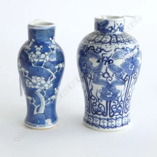 2 CHINESE BLUE & WHITE PORCELAIN BALUSTER VASES blossom  & floral panelled design. Marks to base. H.125mm