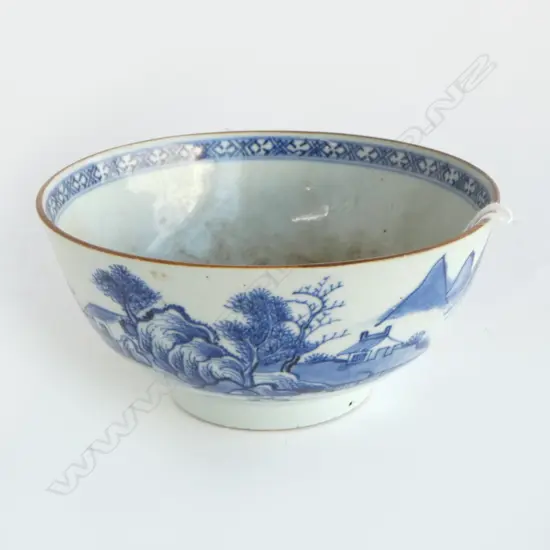 AN OLD CHINESE BLUE & WHITE BOWL coastal landscape design Dia.148mm. Probably 19thC or earlier. Copper like glazed rim