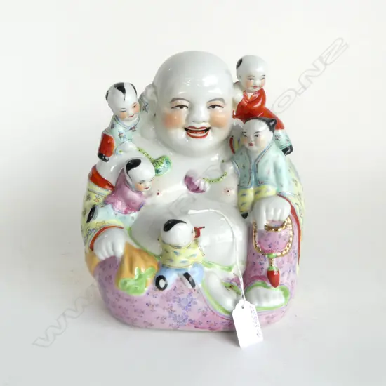 CHINESE PORCELAIN HOTEI LAUGHING BUDDHA w 5 CHILDREN, H.250mm
