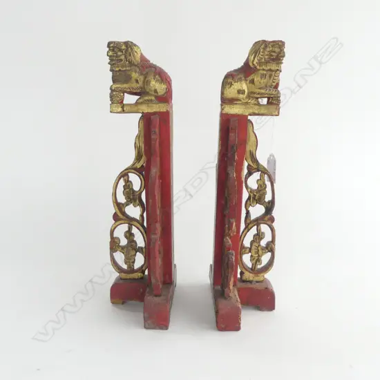 Pair Chinese carved & painted wood standing sculptures shishi to top. H.315mm