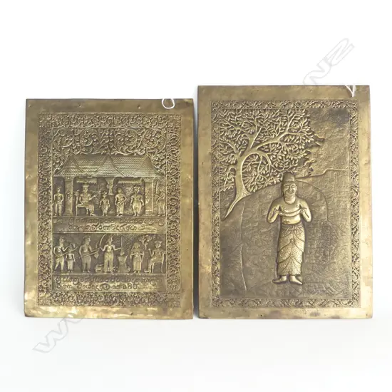 2 VINTAGE embossed & engraved INDIAN BRASS PANELS.430 x 320mm 1 w Sinhalese writing....